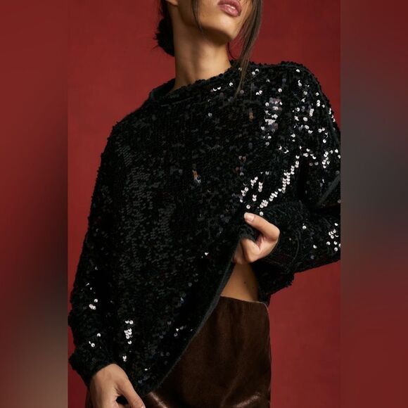 Anthropologie The Alani Cashmere Mock-Neck Sweater by Pilcro Sequin Edition NWT - Picture 4 of 16